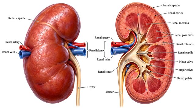 Detailed anatomical cross-section and external structure of human kidney featuring labeled parts including renal cortex and renal pelvis