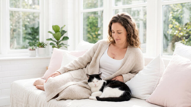Peaceful Caucasian adult woman with cat sitting on sofa showing mastectomy scar, concept of survivor companion, wellness, and recovery.