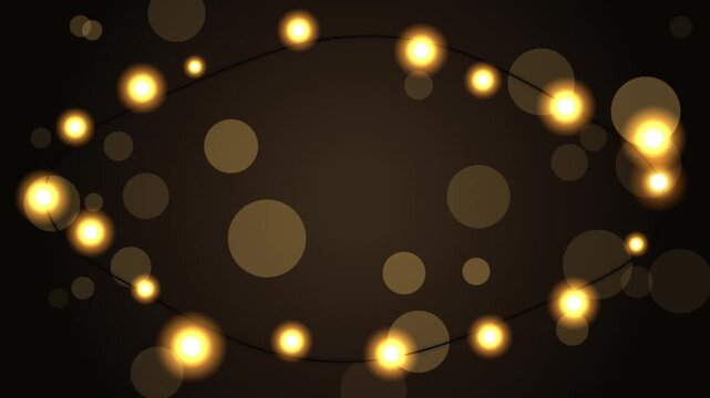 Golden glowing bokeh lights form an elegant oval frame on a deep dark background creating a festive c