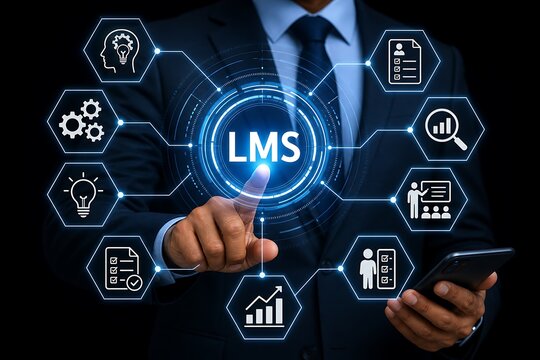 Businessman pointing at lms learning management system futuristic hologram interface