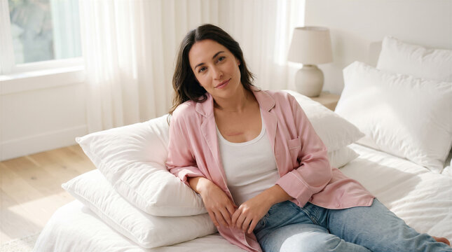 Hispanic adult woman in pink pajama shirt sitting on bed pillows showing mastectomy scar, breast cancer survivor health concept.