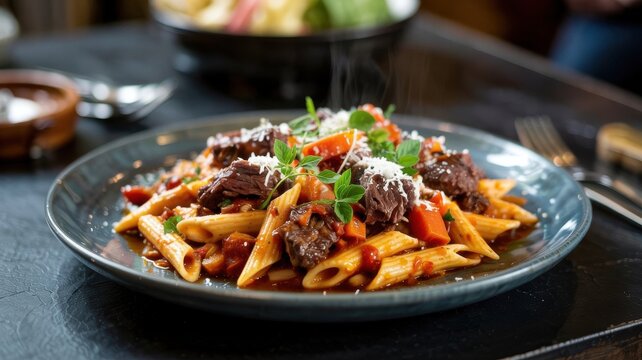 Gibraltarian cuisine. Rosto. Penne pasta in a rich tomato sauce with tender stewed beef, carrots, mushrooms, and grated cheese.