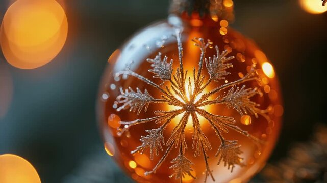Edler bernsteinfarbener Glasornament auf frostigem Tannenzweig
