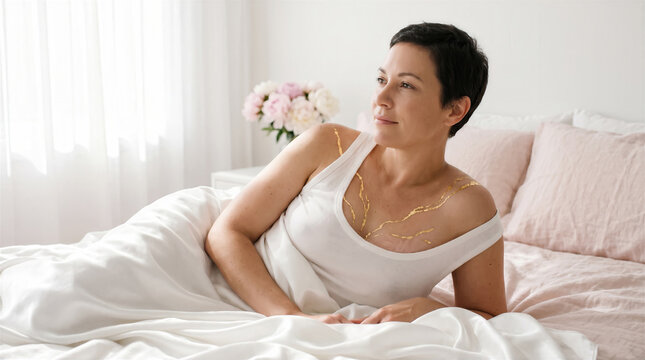 Caucasian adult woman lying in bed decorated with gold leaf along mastectomy scars, concept of breast cancer recovery and self acceptance.