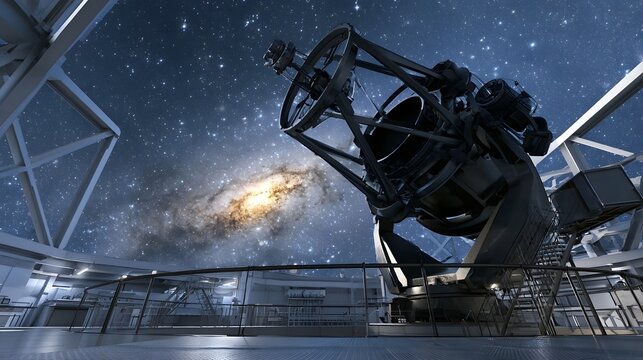 A large telescope inside an observatory dome  pointing toward a vibrant spiral galaxy against a star filled night sky