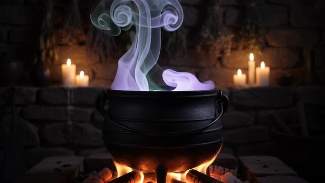 Witch cauldron over open fire brewing magical potion, emitting colorful purple green smoke, halloween alchemy ritual setup in dark stone room surrounded by glowing candles.
