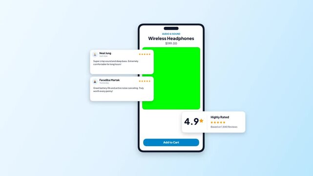 Mobile Ecommerce Product Page. Wireless Headphones Shopping UI. Customer Rating And Reviews. Green Screen Smartphone Mockup. Online Store Interface. Product Listing Animation. Digital Retail Template