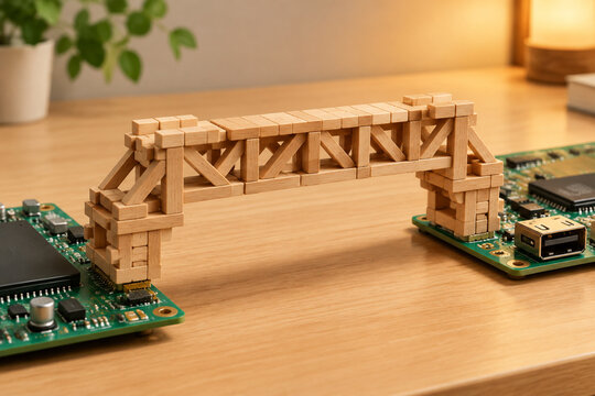 Wooden block bridge connecting electronic components on a table.
