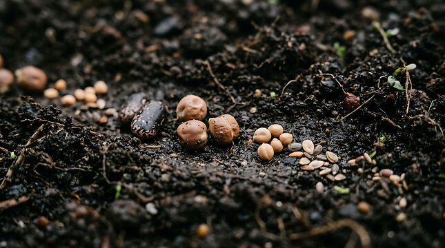 Assorted vegetable seeds scattered on dark moist garden soil