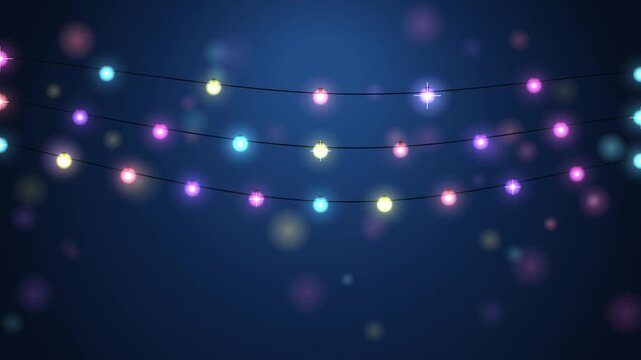 Vibrant colorful string lights blink festively against a dark blue background creating a sparkling ho