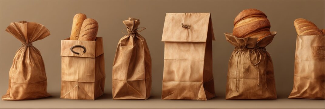 A variety of bread in paper bags on a wooden shelf.
