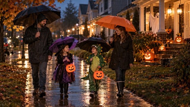 Family Trick or Treating on Rainy Halloween Night