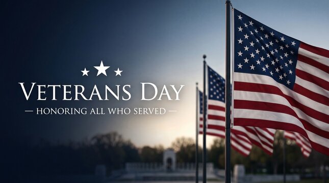 Veterans Day commemorative banner with American flags and copy space