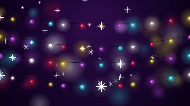 Vibrant festive holiday string lights sparkle with falling snowflakes against a rich purple bokeh bac