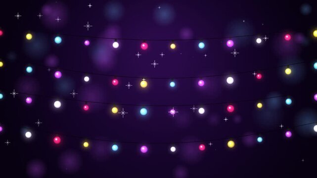 Vibrant shimmering holiday party lights illuminate a festive dark purple bokeh background creating ma
