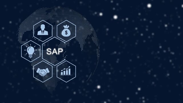 Digital sap enterprise resource planning software interface featuring animated global network connectivity and data analytics infographics for corporate business management and cloud technology