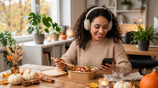 Smiling woman with curly hair wears headphones while eating salad and checking her phone at a cozy autumn table