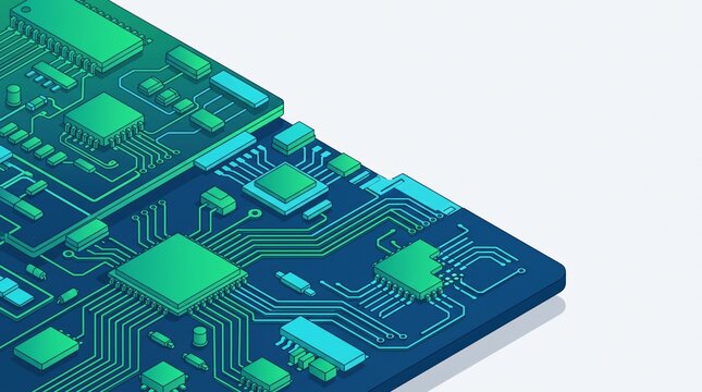 Isometric Illustration of Integrated Circuit Board with Electronic Components