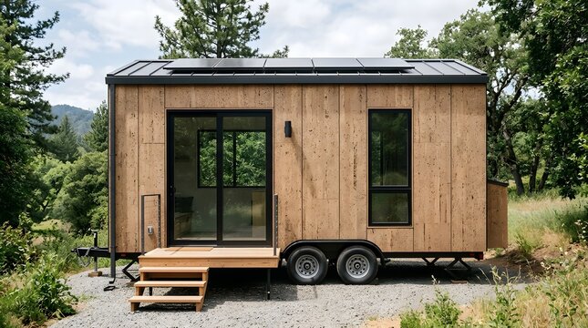 Sustainable tiny house on wheels featuring modern solar panels, cork siding, large windows, and wooden stairs outdoors