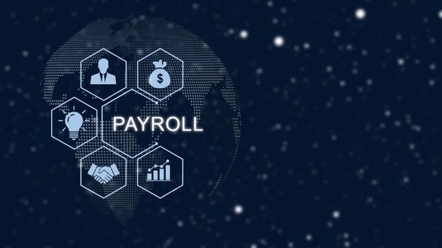 Digital payroll management system concept with animated global network interface, featuring business for financial accounting, salary processing, and corporate human resources technology