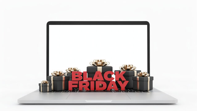 Black Friday online shopping concept with laptop computer, 3D red text, and black gift boxes wrapped with gold ribbons on white background isolated