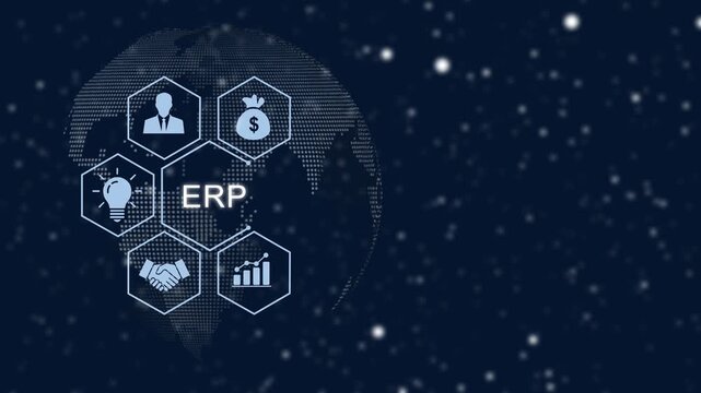 Enterprise resource planning erp digital concept featuring animated global network connectivity and data management solutions for corporate business strategy and modern financial technology