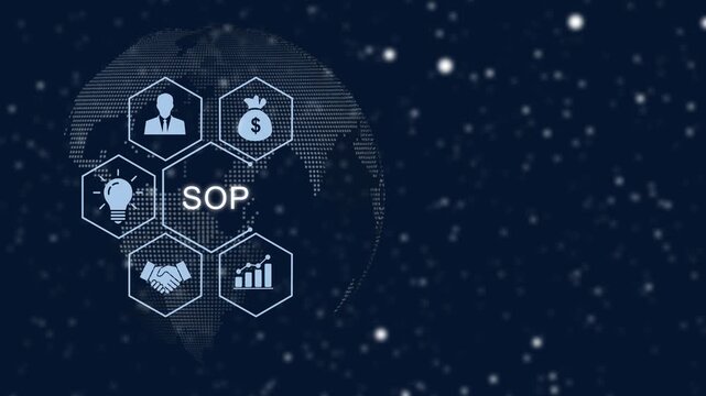 Standard operating procedure sop digital concept with global business and network connectivity infographic for corporate management, process optimization, workflow efficiency, and strategic planning