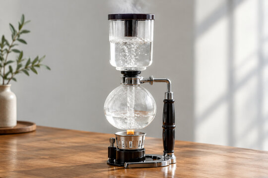 Transparent siphon coffee maker on a wooden table with steam and rising water.