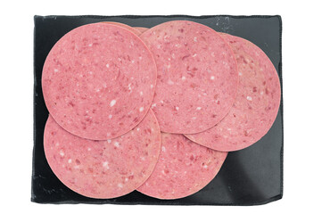 Even thin cuts of Turkish beef salam sausage layered on minimal white background great for sandwich prep gourmet deli menus and cooking content © Mironov