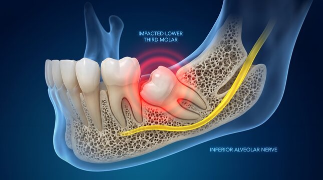 Impacted lower third molar illustration showing dental nerve involvement for medical education