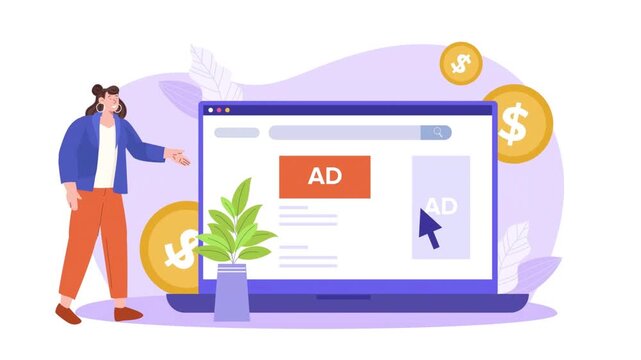 Woman presenting online advertising on laptop screen with ad banner, cursor and gold dollar coins, digital marketing income concept