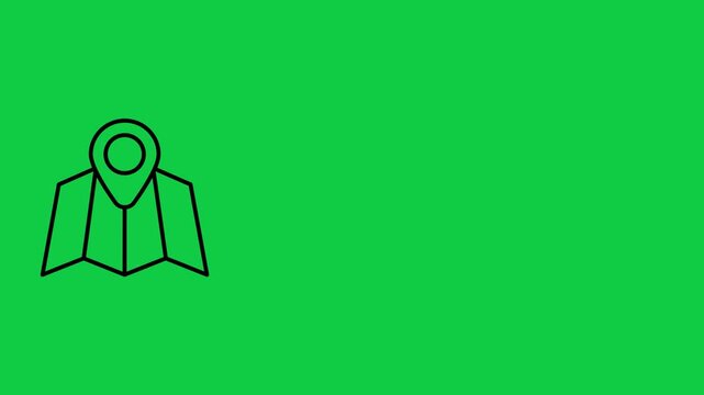Animated black line icon of a folded map with a location pin marker for travel navigation on a green screen background.