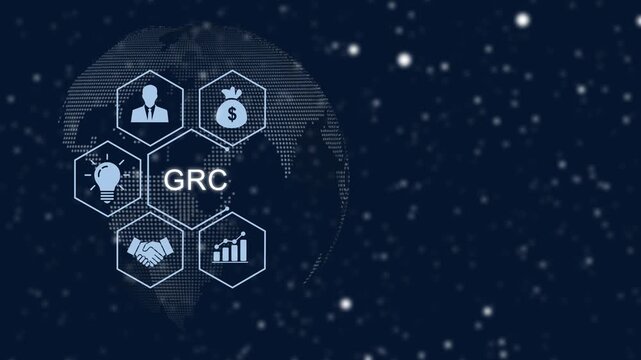Governance risk and compliance grc digital concept with animated global network and data analytics infographics for corporate business strategy, financial security, and regulatory management solutions