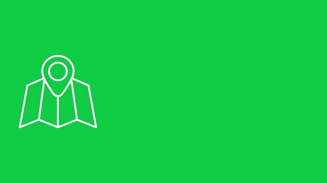 Minimalist white line animation of a map and location pin marker on a green screen for navigation and travel destination concepts.