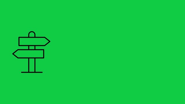 Animated line art directional signpost icon with two arrows pointing left and right on a green screen chroma key background for navigation, travel, and decision-making concepts.