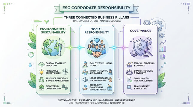 ESG corporate responsibility infographic showing environmental social and governance business pillars