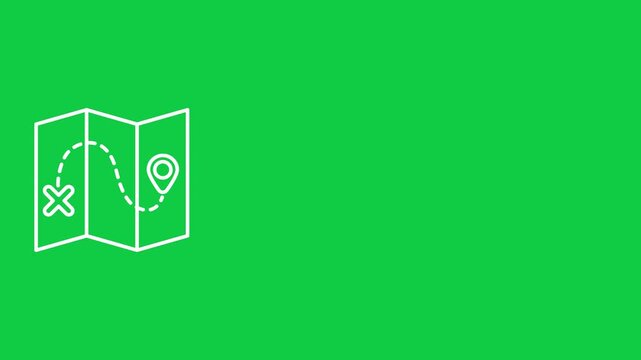 Animated White Outline Map Icon on Green Screen Showing Navigation Route and GPS Pin for Travel and Wayfinding