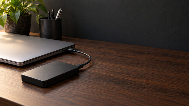 External storage drive connected to laptop with copy space