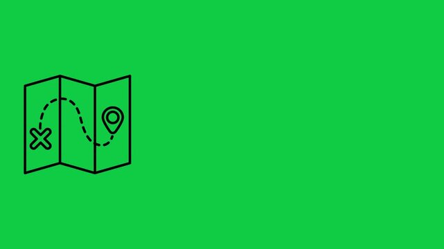 Animated map icon with a route path, navigation pin, and destination marker on a green screen for travel concepts