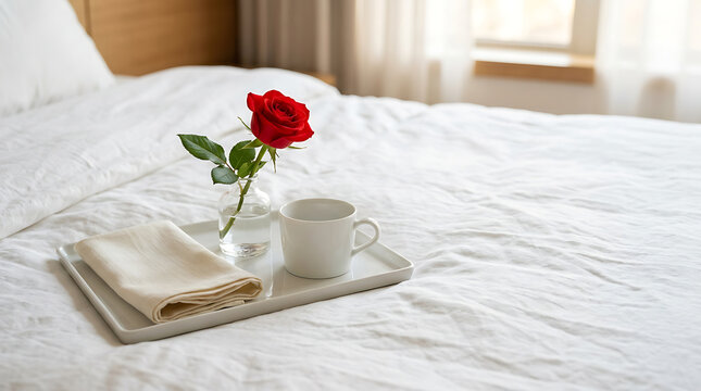 Red rose in a glass vase and coffee cup on a tray on a white bed for Valentine