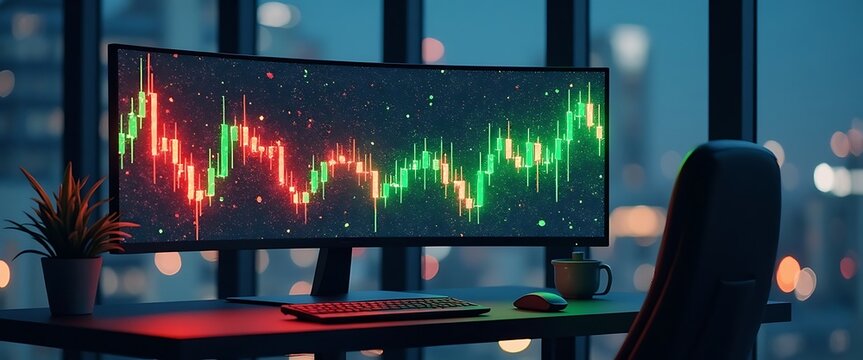 Wide computer monitor displays vibrant stock trading candlestick charts with glowing lights for financial data.