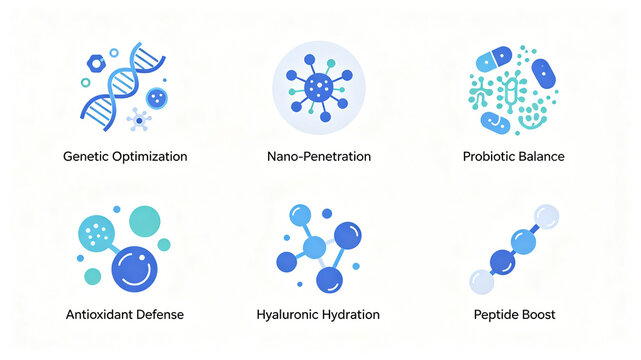 Soft blue biological skin care icon group, representing the concept of gene repair and skin care penetration, is suitable for the promotion of efficacy essence and cinema line skin care products.
