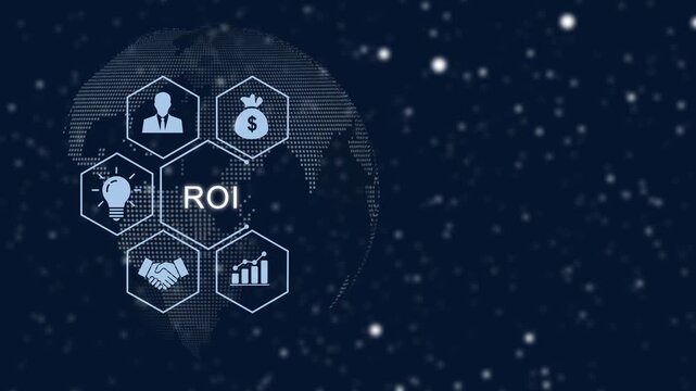 Digital return on investment roi concept with animated global business network and financial growth data visualization on a dark blue background, for corporate financial presentations