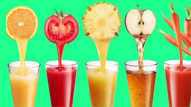 Row of fresh fruits pouring liquid juice directly into glasses on green background