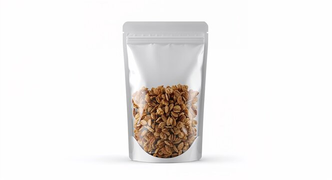 Flexible pouch packaging showcased on white background emphasizing lightweight film structure tear notch and resealable zipper ideal for granola coffee snack product listings with copy space