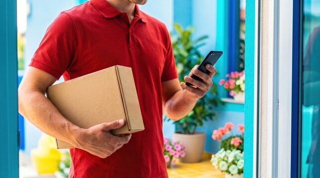 Courier holding a cardboard parcel and smartphone indoors