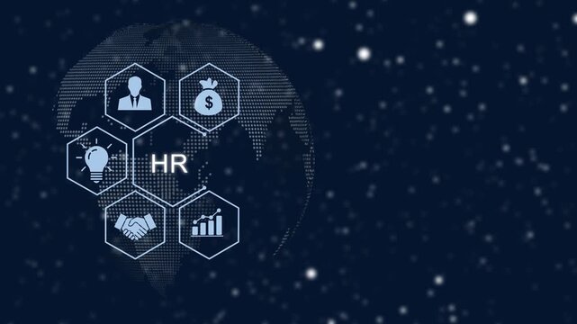 Digital human resources management concept featuring animated global network interface with for recruitment, financial growth, innovation, and corporate partnership strategy solutions