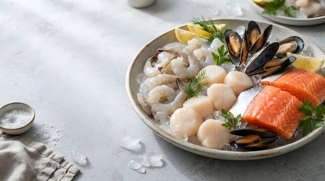 Seafood platter featuring salmon shrimp scallops and mussels rests on a gray surface shellfish fish