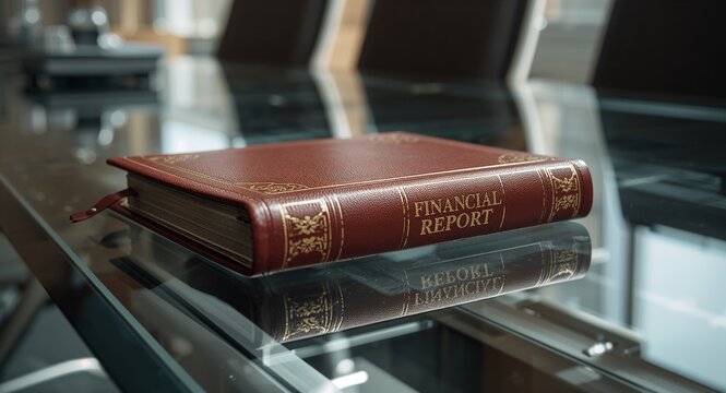 Watercolor depiction of financial report bound in leather with gold embossing resting on a glass boardroom table under diffused lighting with copy space on the left