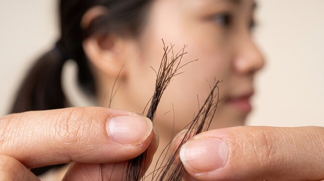 Hands separating damaged hair strands for close inspection